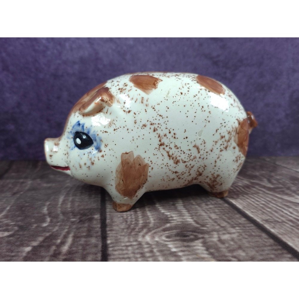 Vintage Ceramic Piggy Bank Brown Speckled Pig Coin Bank Farmhouse Decor Nursery